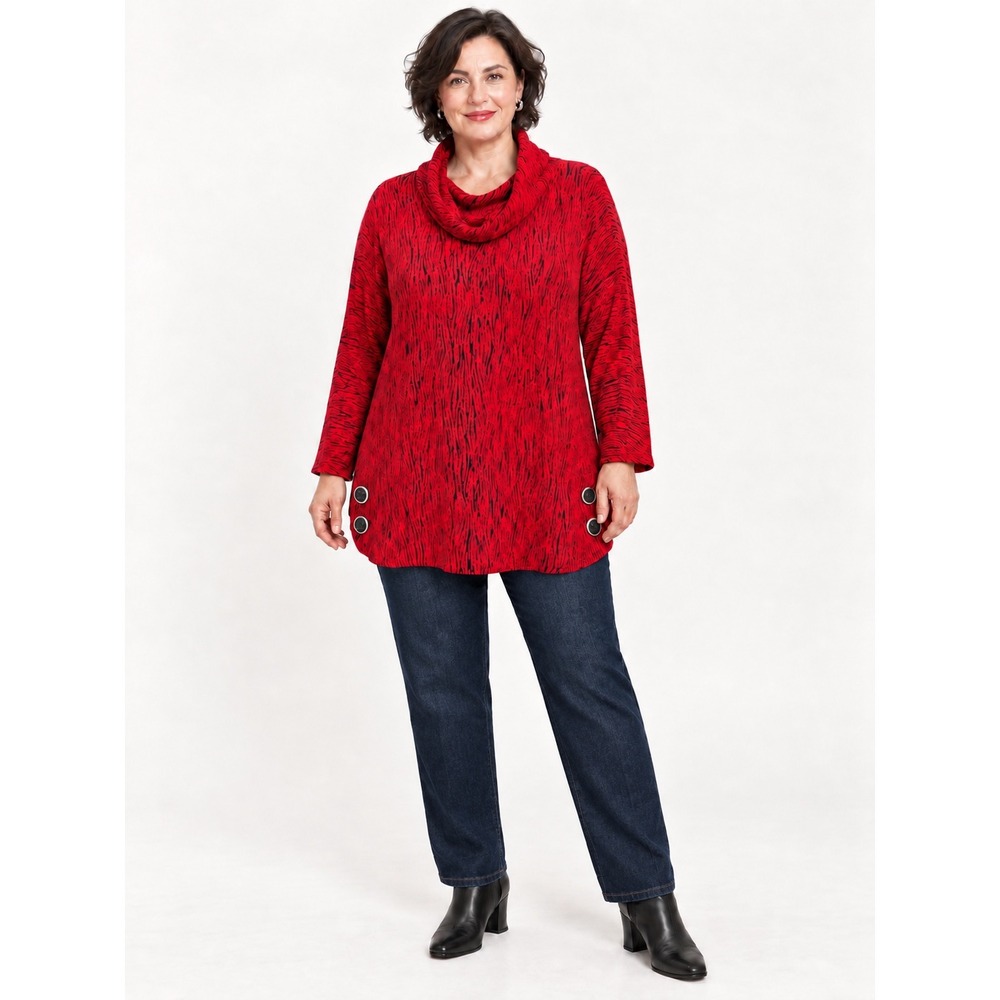 Ali Miles Cowl Neck Tunic Large Red Black Textured Stripe Button Detail